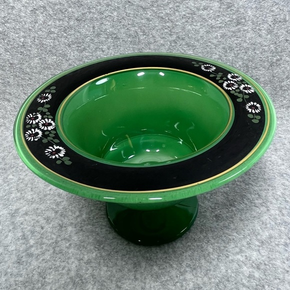 Pedestal Candy Dish Compote Green with Black and Gold Trim Pedestal 6.25” - Picture 2 of 9